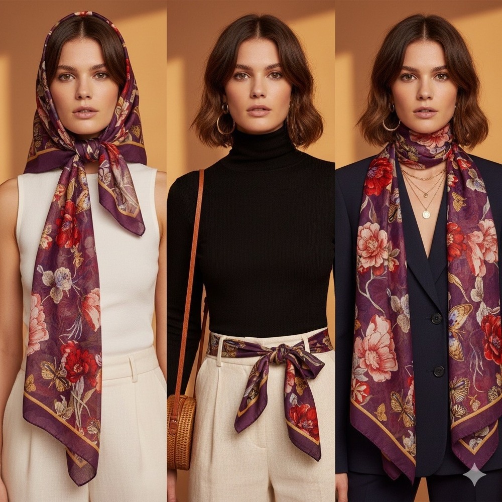 Wolford Silk‎ Scarf Purple Floral Butterfly Sheer Stripe Luxury Mesh Wrap Art